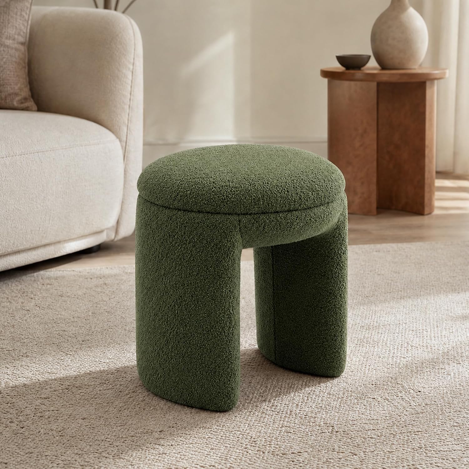 Stella Mia Round Ottoman Stool, Teddy-Like Upholstered Foot Stool with Arch Base