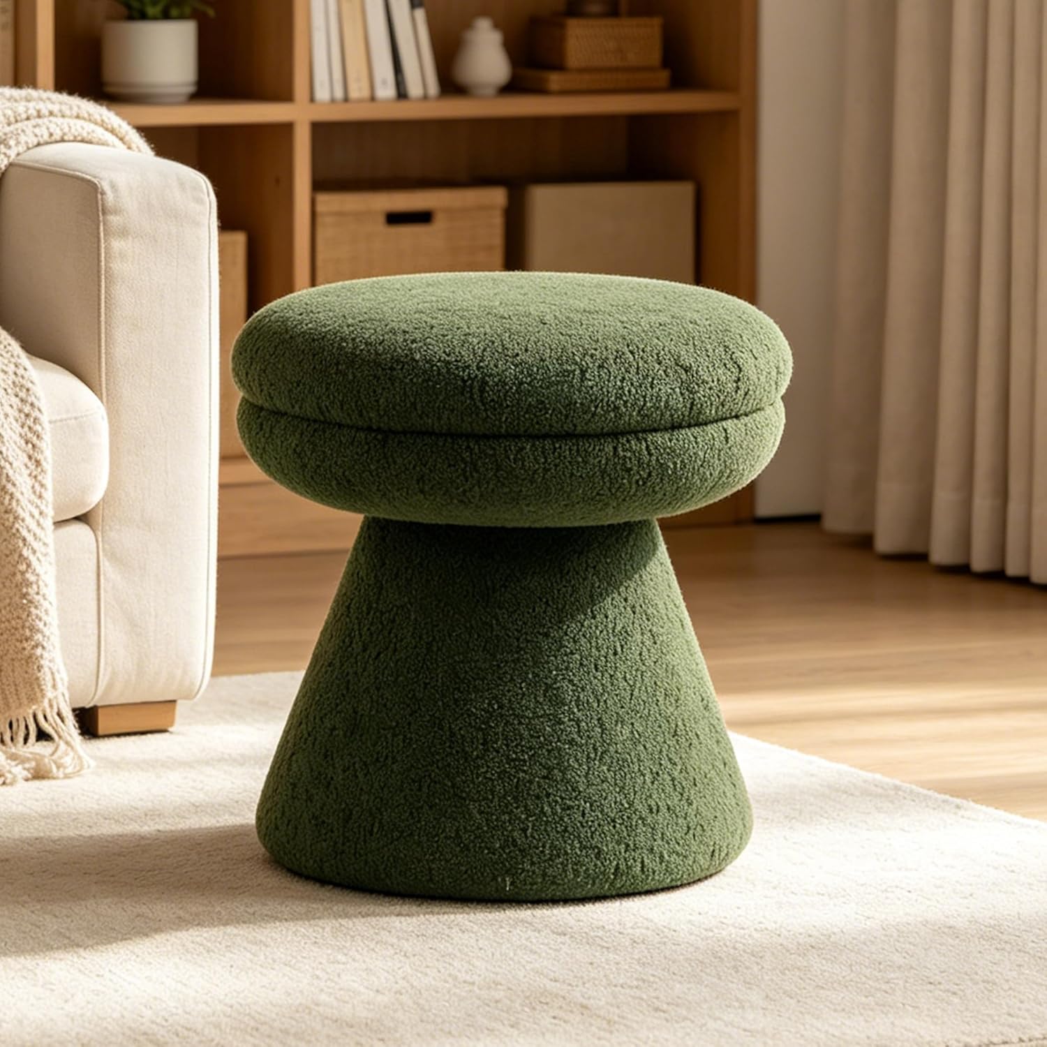 Stella Mia Mushroom Ottoman Stool, Teddy-Like Upholstered Small Ottoman with Pedestal Base