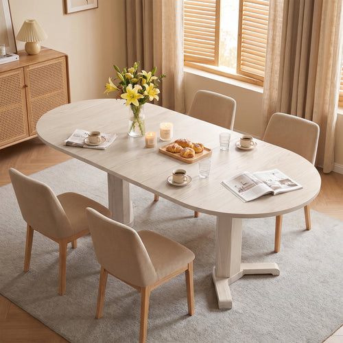 Extendable Dining Room Table for 4-6, Mid-Century Modern Kitchen Dining Table with Removable Leaves, Double Pedestal Base, Spindle Back for Home Kitchen, Dinettes, White Oak
