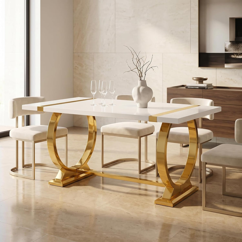 Stella Mia 60 Inch Modern Contemporary Rectangular Dining Table for 4–6, White Kitchen Table with Gold Polished Steel Base
