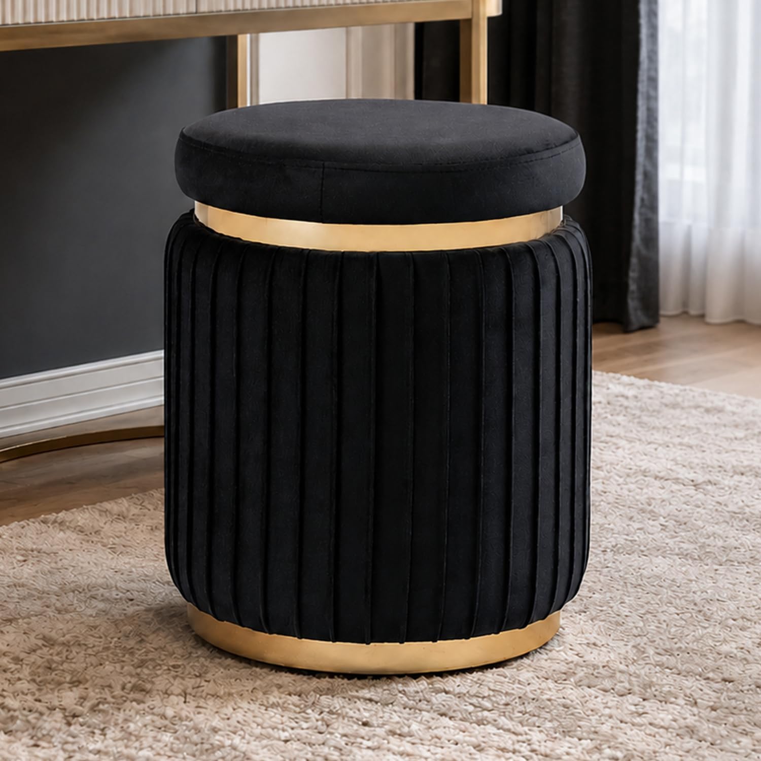 Stella Mia Round Ottoman, Velvet Upholstered Small Foot Stool with Gold Trim, Modern Ottoman Foot Rest with Stainless Steel Base