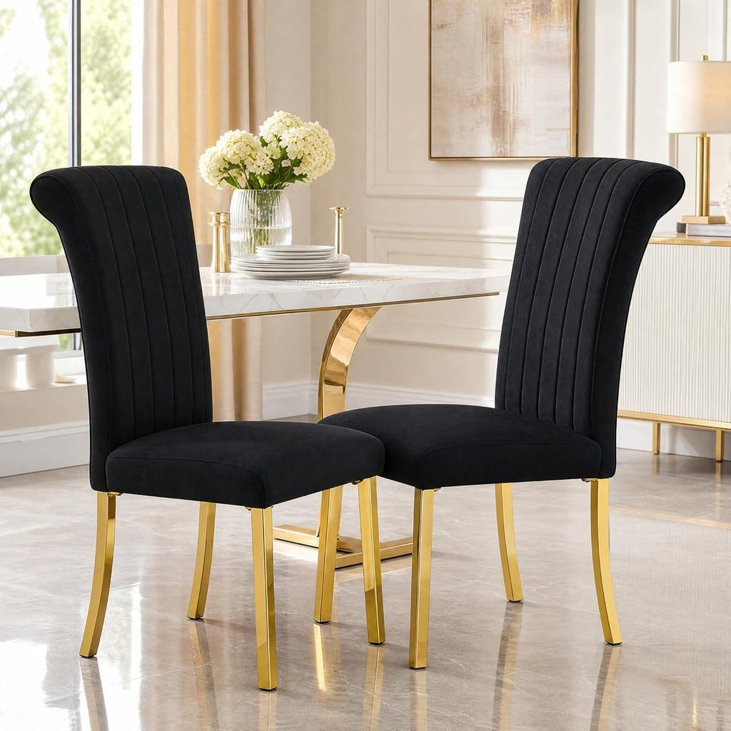 Stella Mia Dining Chairs Set of 2, Channel Tufted Upholstered Armless Side Chairs with Polished Gold Metal Legs