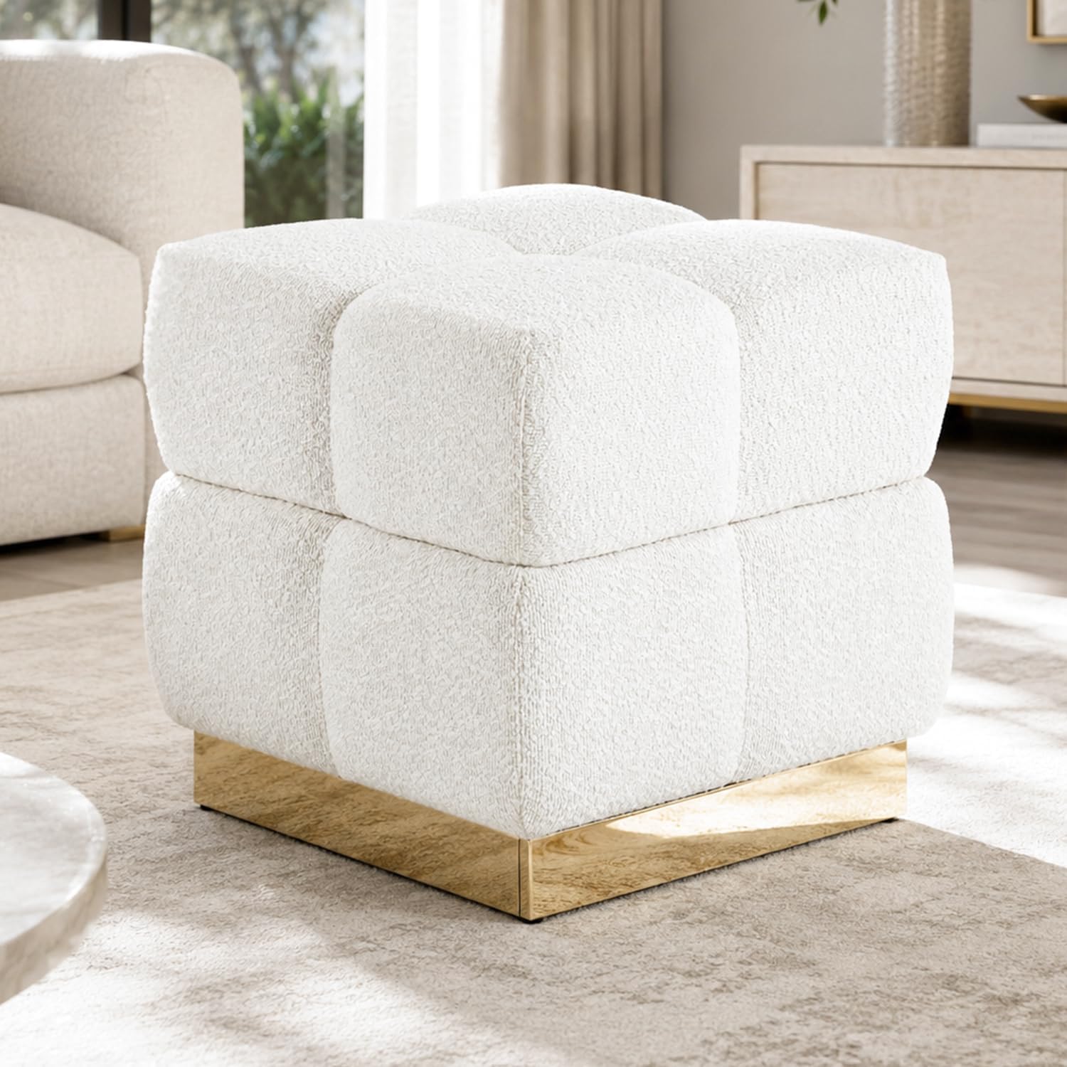 Stella Mia Boucle Storage Ottoman Stool, Modern Vanity Stool with Biscuit Tufting and Gold Stainless Steel Base