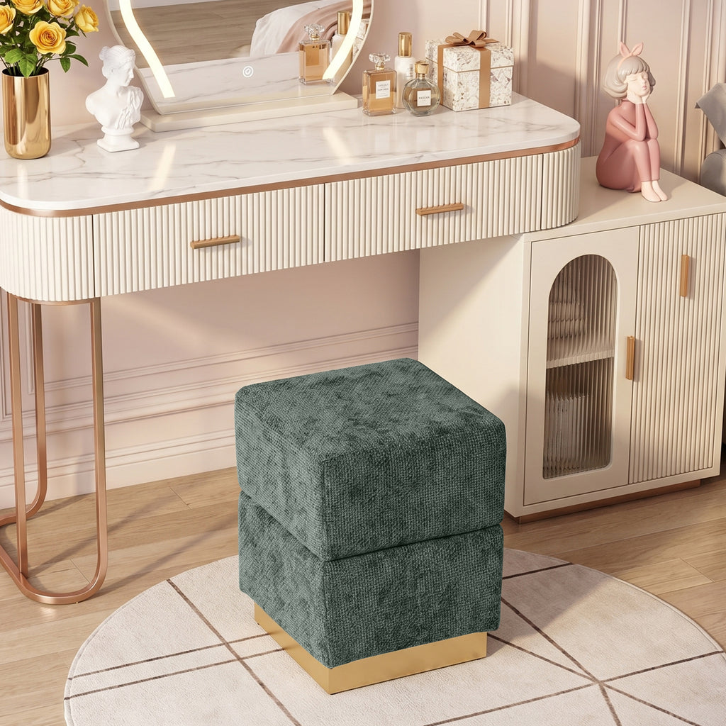 Storage Ottoman Cube Foot Rest Stool, Chenille Upholstered Footstool Storage Bench with Stainless Steel Base, Vanity Stool Chair, Foot Rest Under Desk for Bedroom, Living Room, Dorm, Entryway