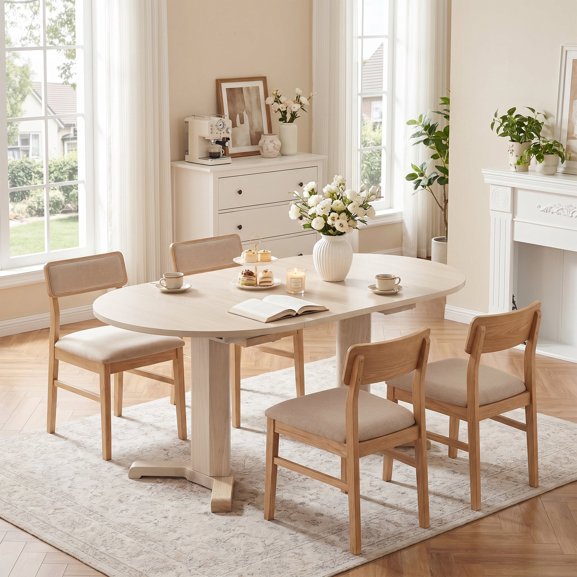 Extendable Dining Room Table for 4-6, Mid-Century Modern Kitchen Dining Table with Removable Leaves, Double Pedestal Base, Spindle Back for Home Kitchen, Dinettes, White Oak