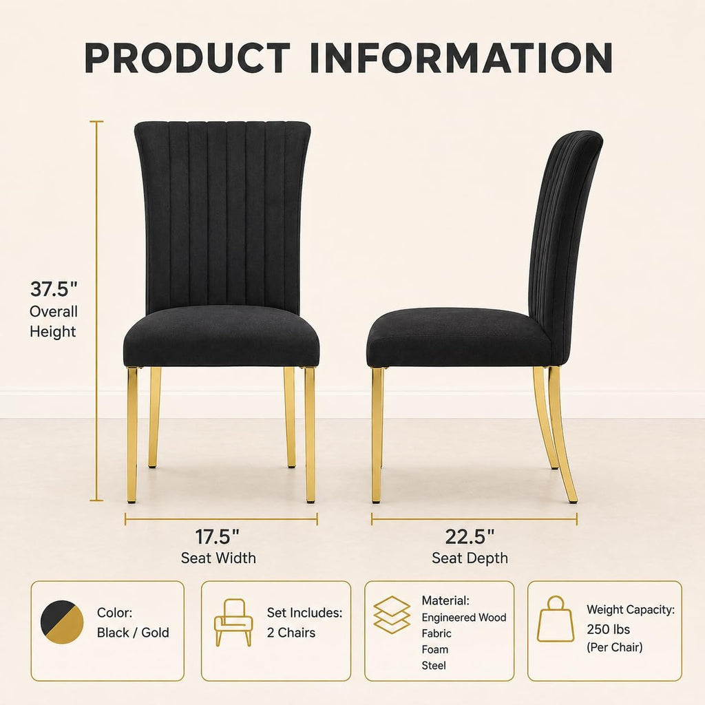 Stella Mia Dining Chairs Set of 2, Channel Tufted Upholstered Armless Side Chairs with Polished Gold Metal Legs