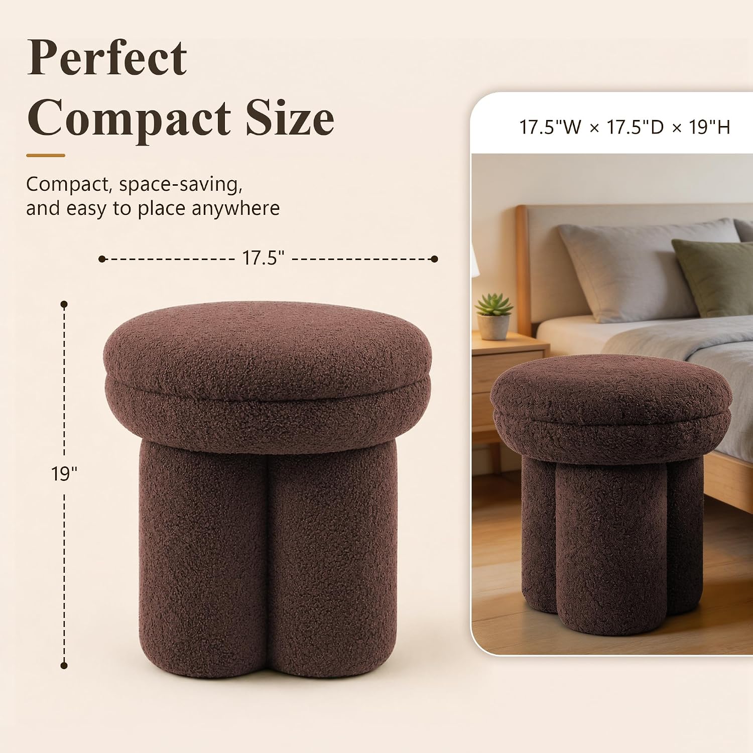 Stella Mia Mushroom Ottoman Stool, Teddy-Like Upholstered Accent Stool with Tri-Pillar Pedestal Base