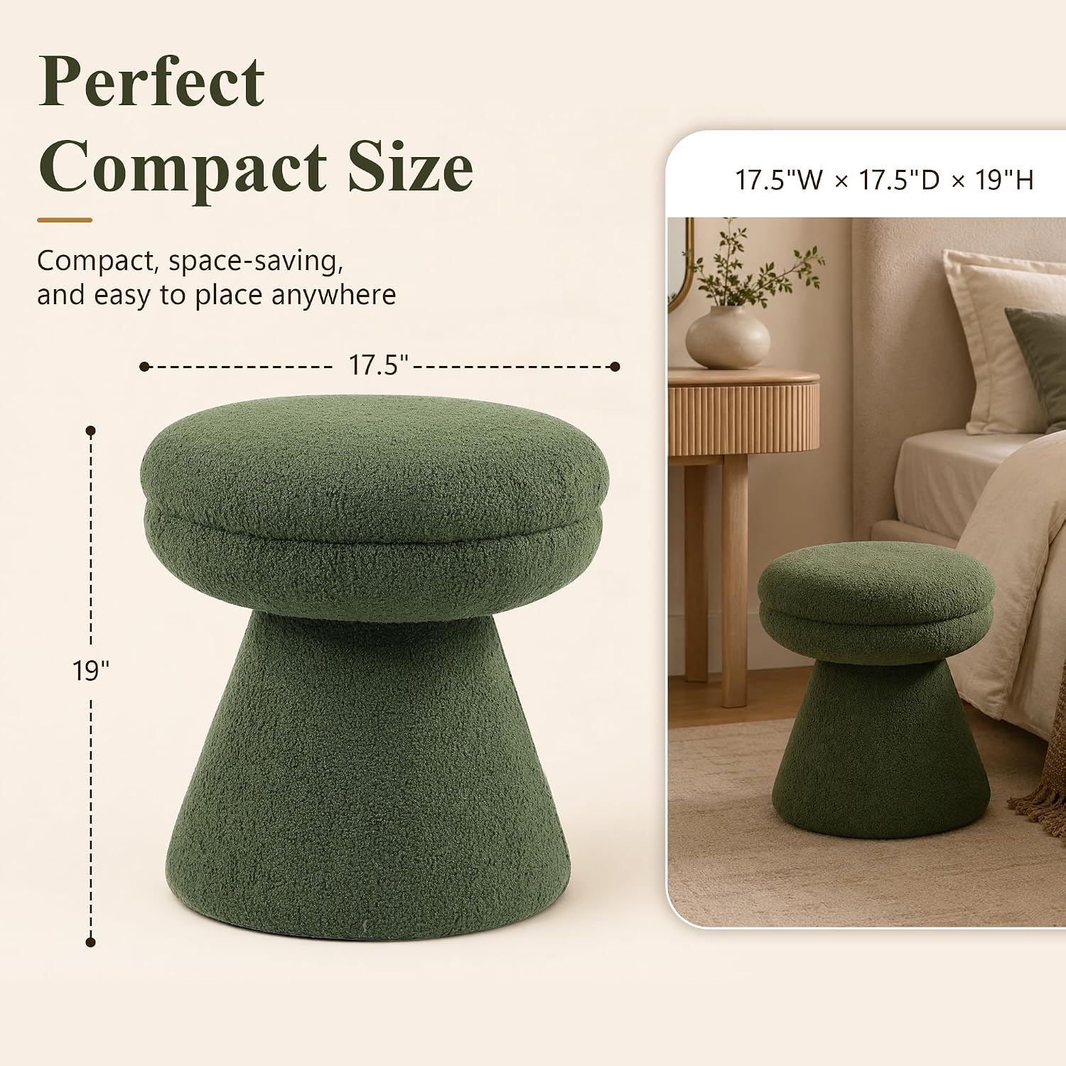 Stella Mia Mushroom Ottoman Stool, Teddy-Like Upholstered Small Ottoman with Pedestal Base