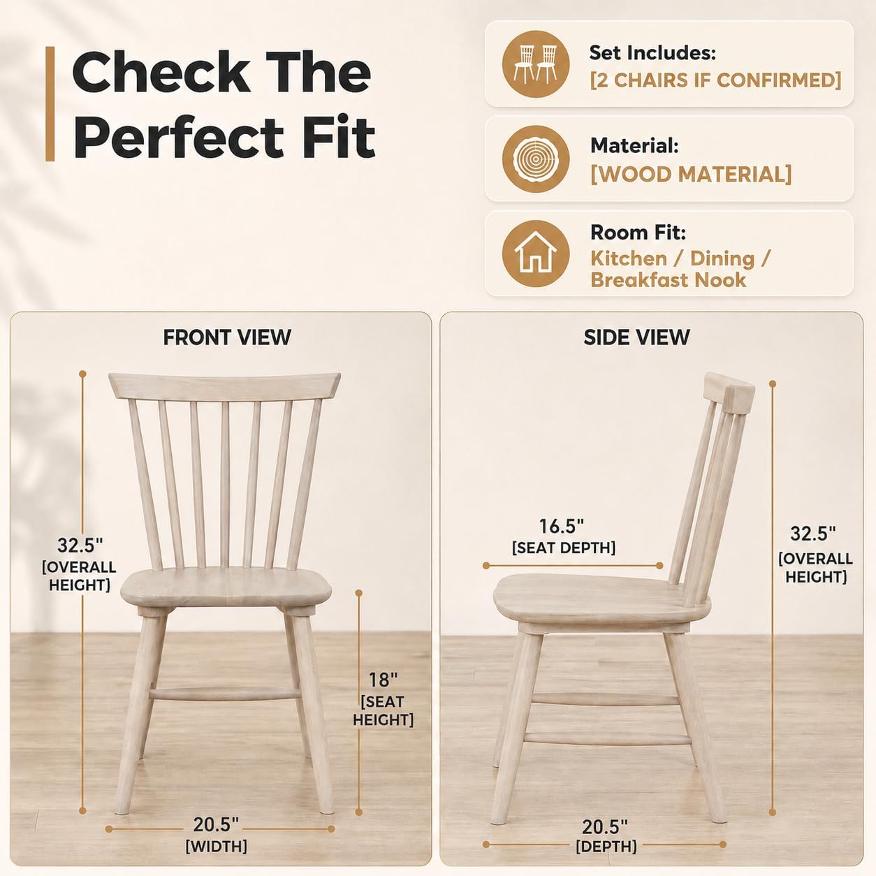 Stella Mia Dining Chairs Set of 2, 100% Solid Wood Spindle Back Kitchen Dining Room Chairs