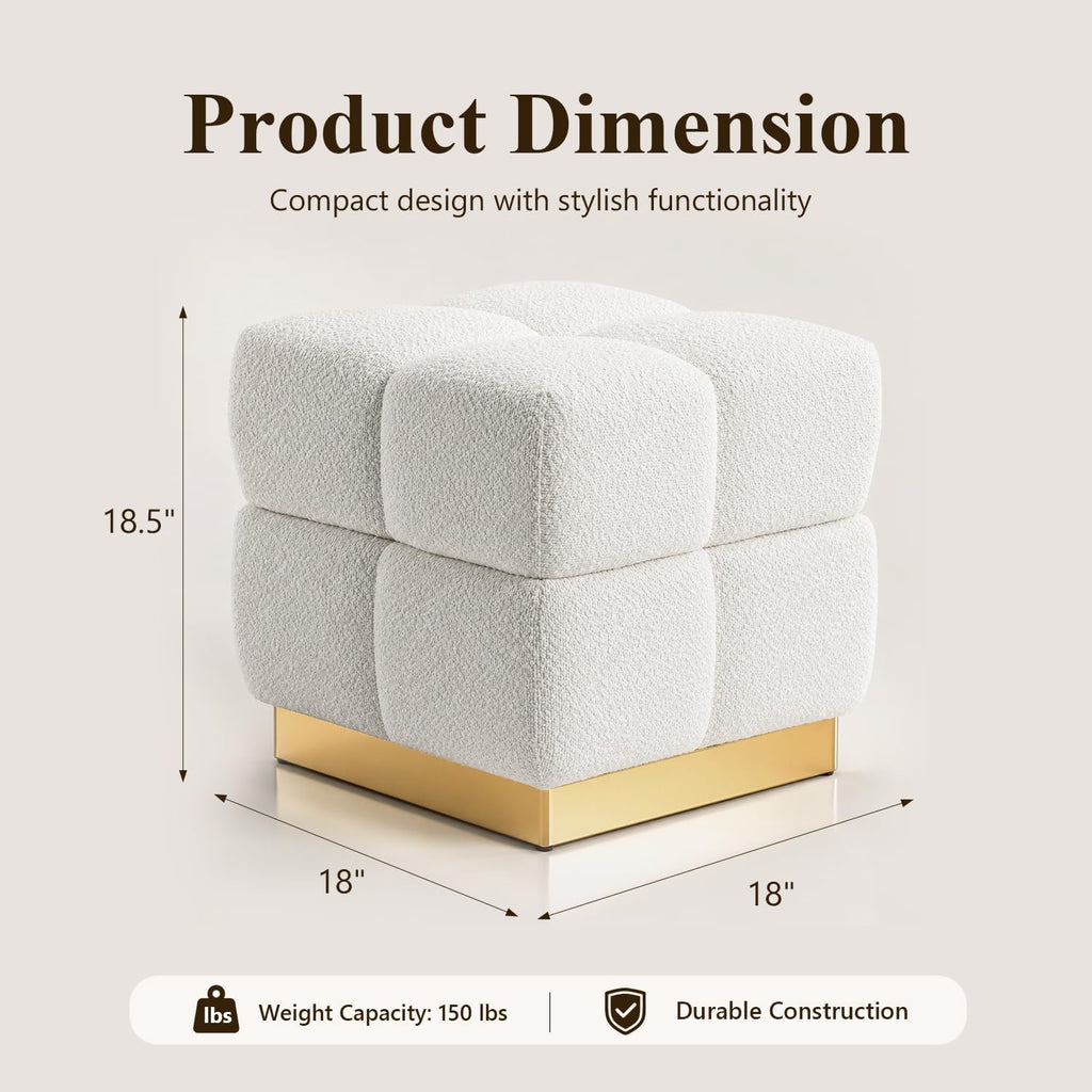 Stella Mia Boucle Storage Ottoman Stool, Modern Vanity Stool with Biscuit Tufting and Gold Stainless Steel Base