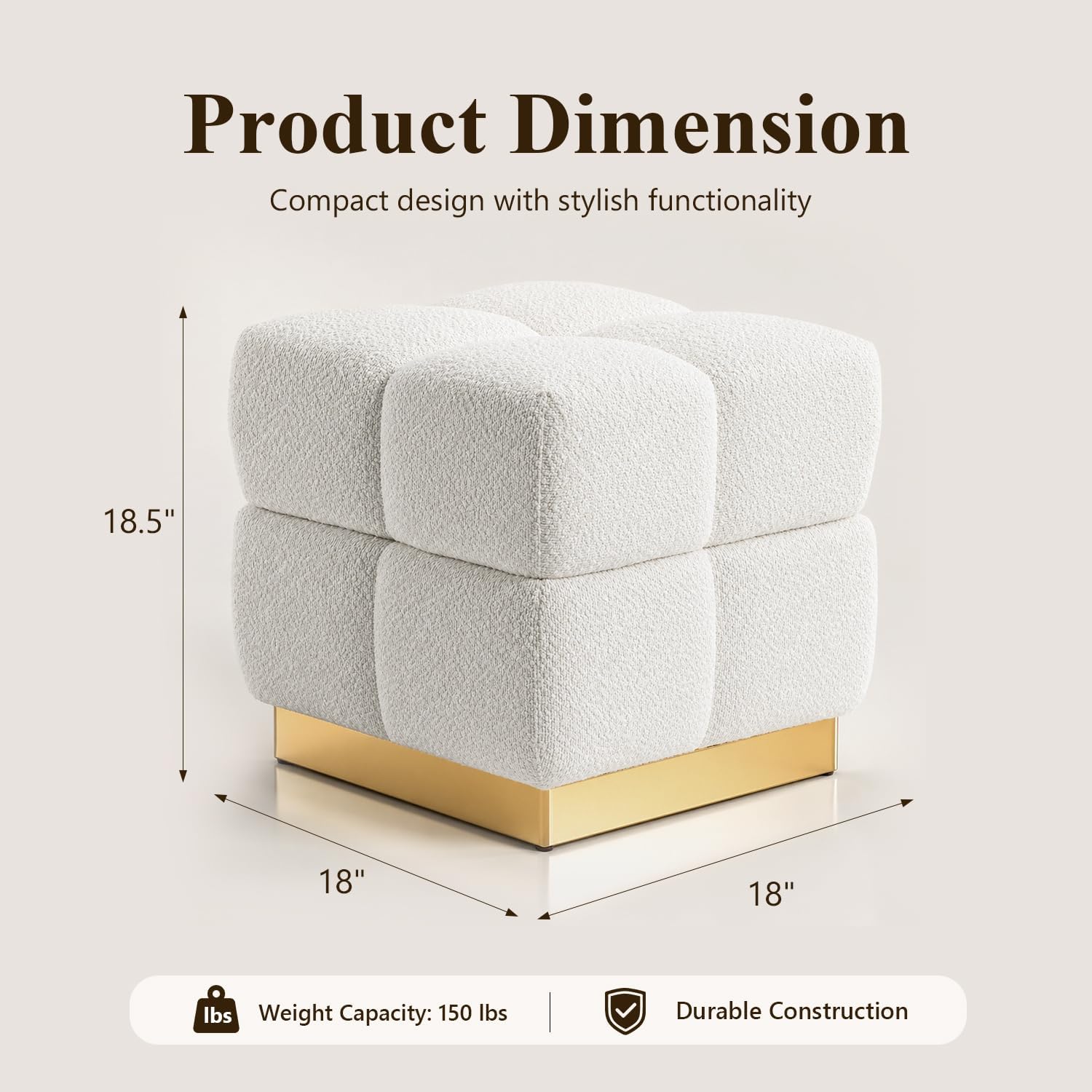 Stella Mia Boucle Storage Ottoman Stool, Modern Vanity Stool with Biscuit Tufting and Gold Stainless Steel Base