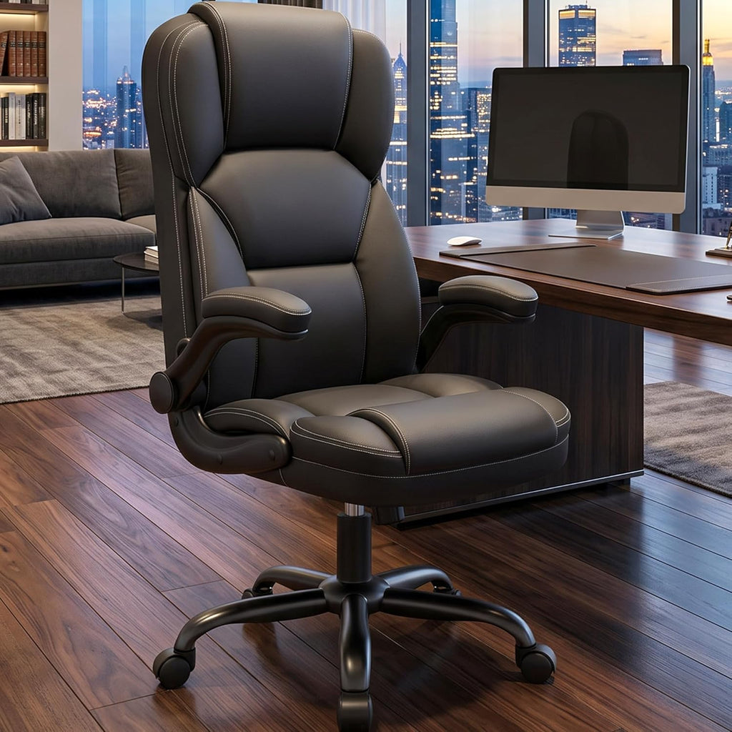 Stella Mia Ergonomic PU Leather Office Chair, High Back, Flip-Up Arms, Swivel Adjustable