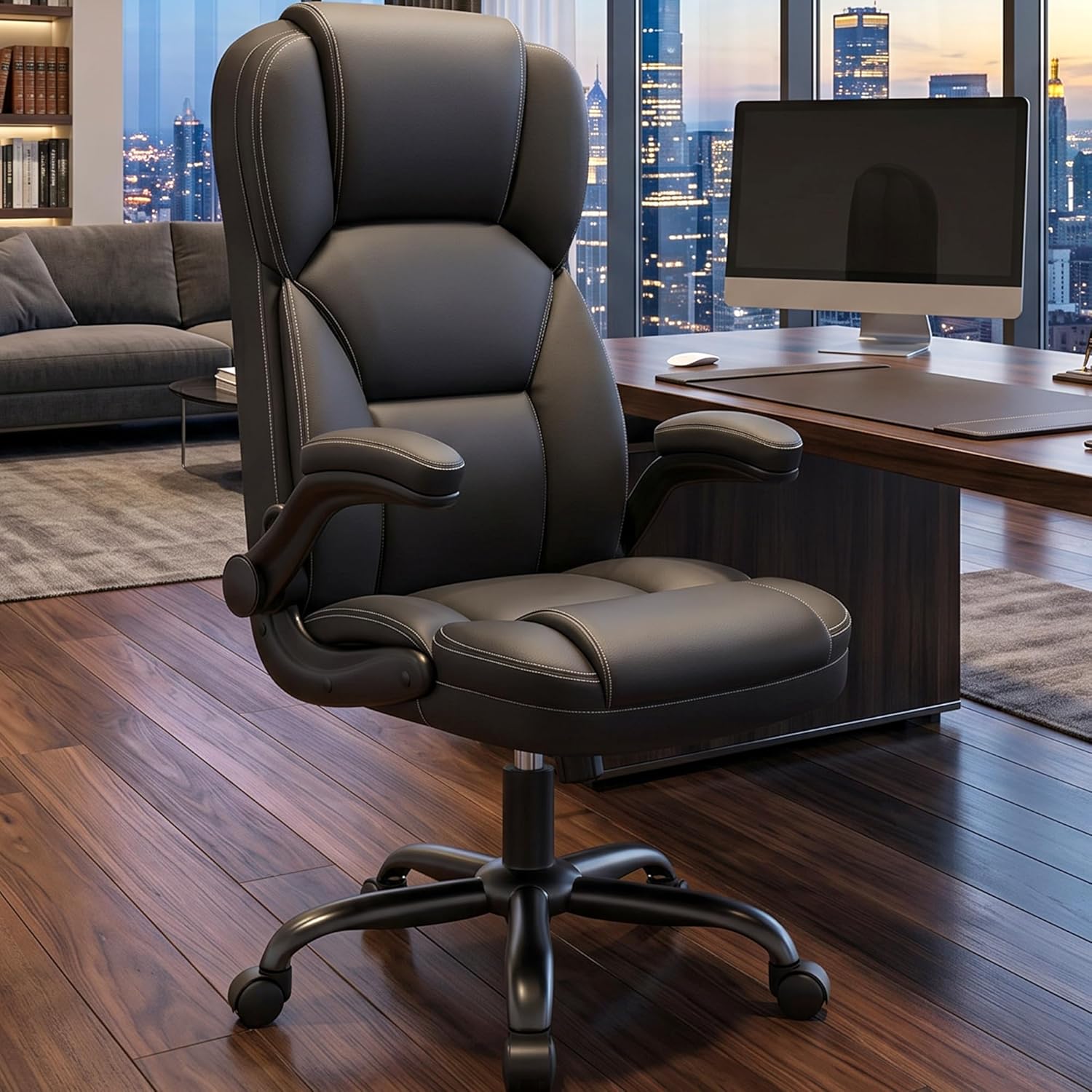 Stella Mia Ergonomic PU Leather Office Chair, High Back, Flip-Up Arms, Swivel Adjustable