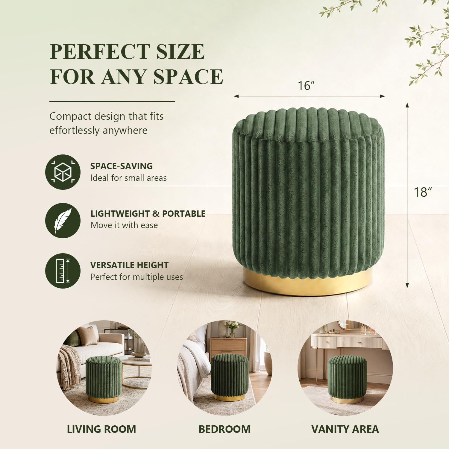 Stella Mia Round Ottoman Stool, Fur-Like Upholstered Small Ottoman Foot Rest with Gold Stainless Steel Plinth Base