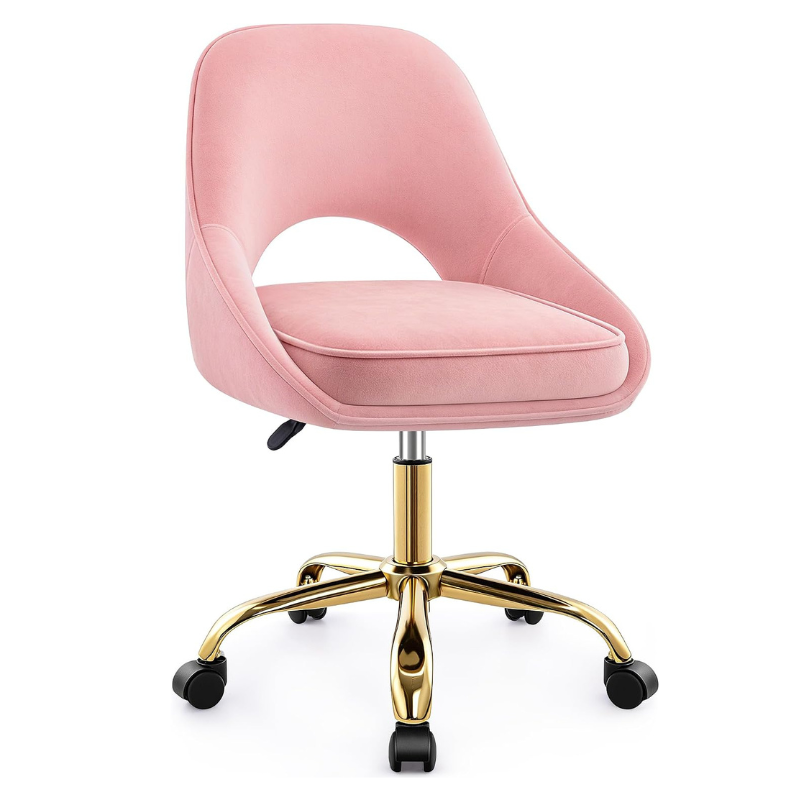 Vanity Chair with Wheels, Adjustable Makeup Desk Chair for Bedroom, Pink | Soft velvet upholstery, 300 lbs capacity, 18.1-21.7 in seat height, 360 swivel, curved back, gold base, study and home office