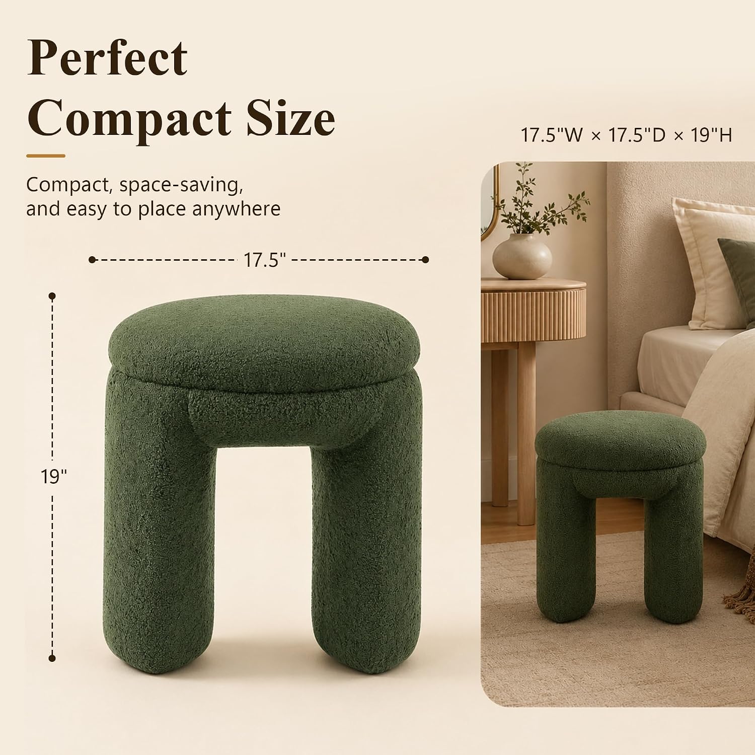 Stella Mia Round Ottoman Stool, Teddy-Like Upholstered Foot Stool with Arch Base