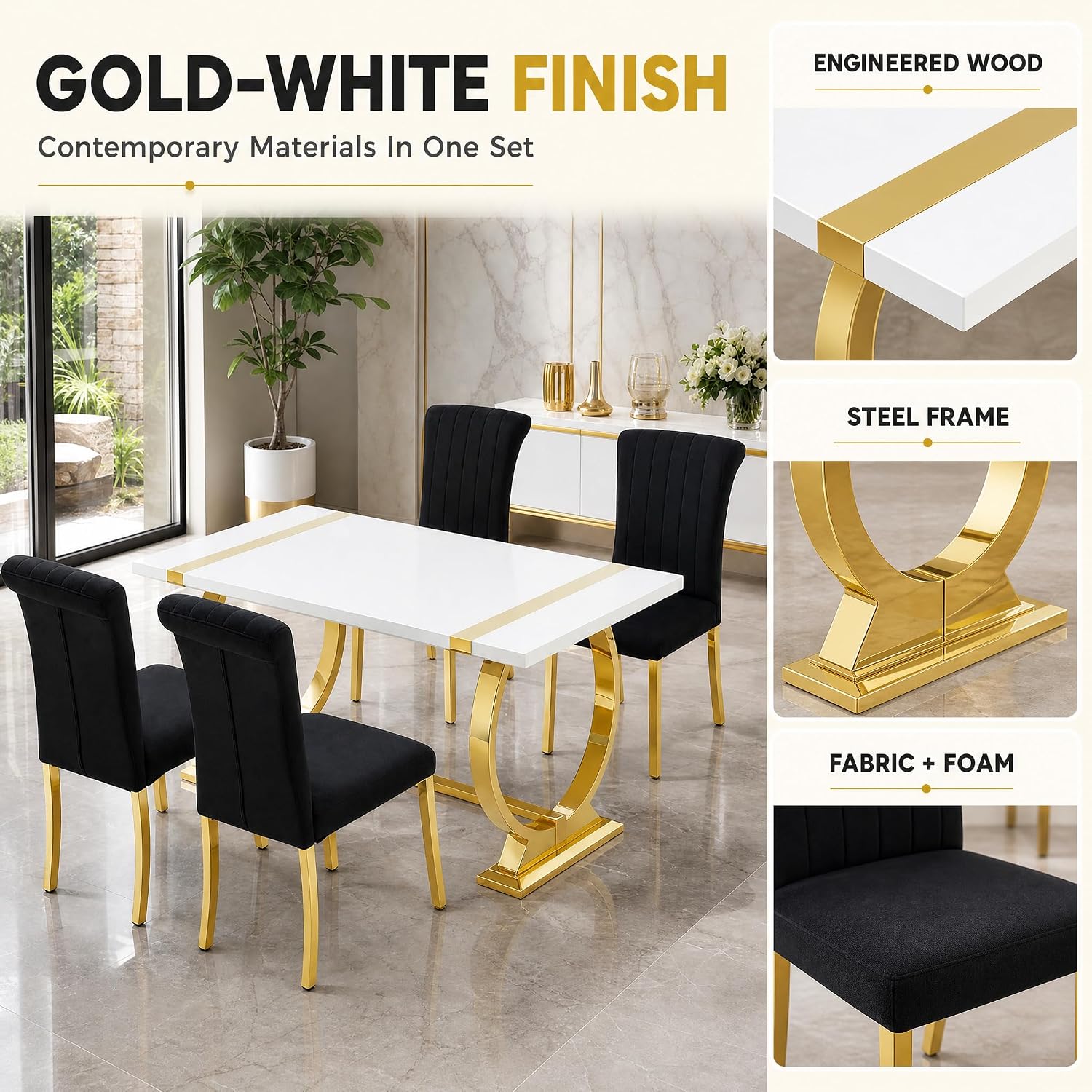 Stella Mia Dining Table Set for 4, 5-Piece Kitchen Table and Upholstered Chairs Set, Faux Marble Kitchen Table and Chairs Set of 4