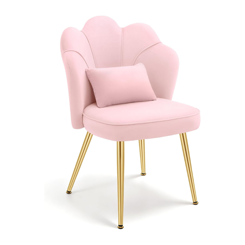 Petal Vanity Chair with Back, Cute Girls Desk Chair Comfy No Wheels, Small Accent Chair with Adjustable Gold Legs & Lumbar Pillow for Bedroom Makeup Room Home Office