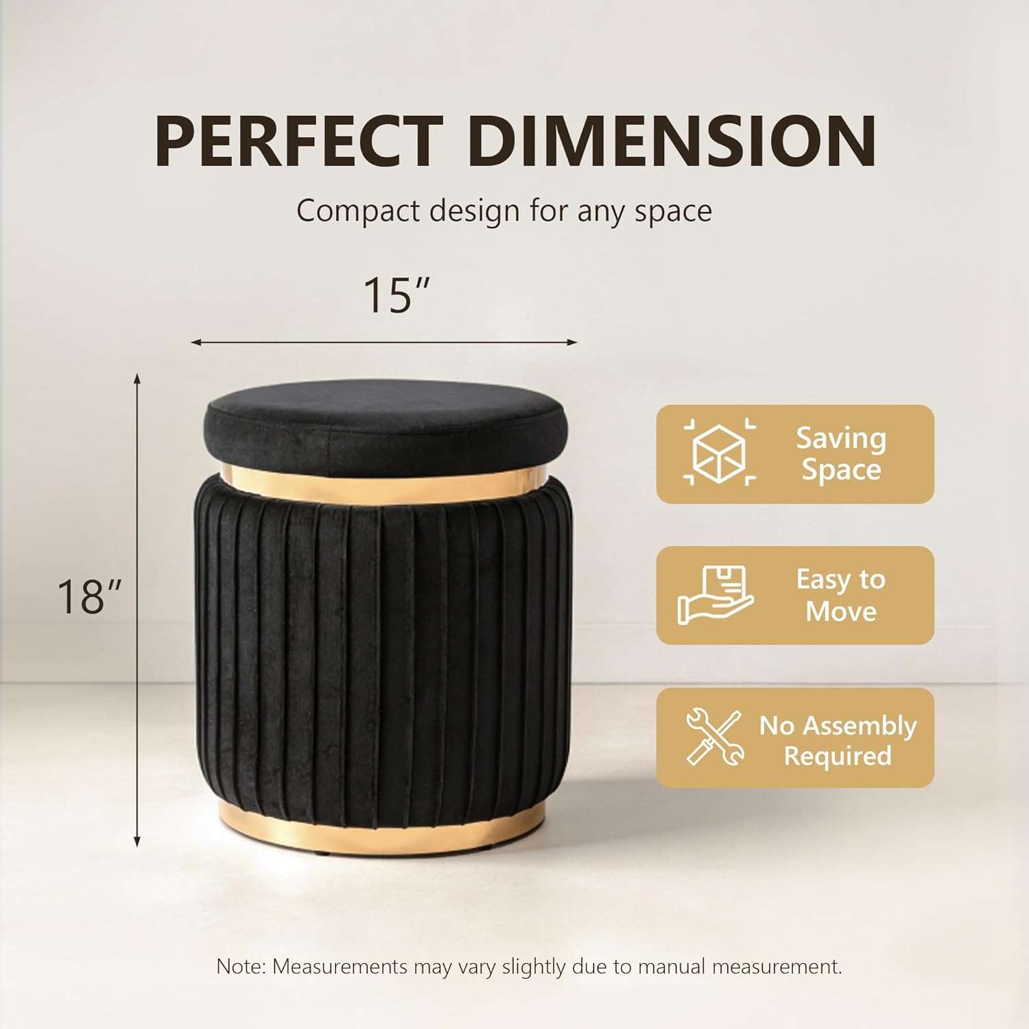 Stella Mia Round Ottoman, Velvet Upholstered Small Foot Stool with Gold Trim, Modern Ottoman Foot Rest with Stainless Steel Base