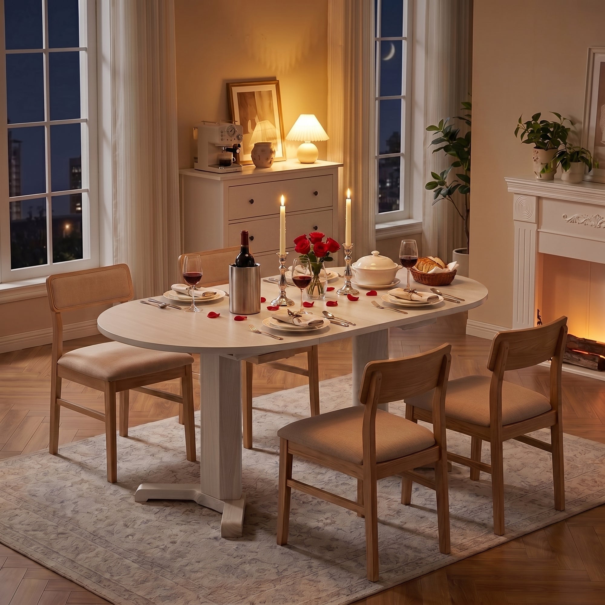 Extendable Dining Room Table for 4-6, Mid-Century Modern Kitchen Dining Table with Removable Leaves, Double Pedestal Base, Spindle Back for Home Kitchen, Dinettes, White Oak