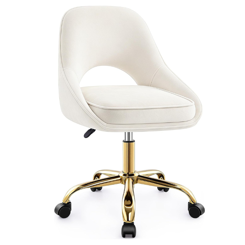 Vanity Chair with Wheels, Adjustable Makeup Desk Chair for Bedroom, Pink | Soft velvet upholstery, 300 lbs capacity, 18.1-21.7 in seat height, 360 swivel, curved back, gold base, study and home office