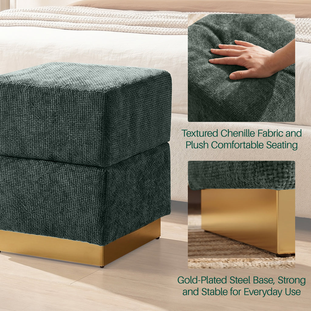 Storage Ottoman Cube Foot Rest Stool, Chenille Upholstered Footstool Storage Bench with Stainless Steel Base, Vanity Stool Chair, Foot Rest Under Desk for Bedroom, Living Room, Dorm, Entryway
