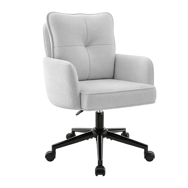 Vanity Chair with Wheels, Modern Height Adjustable Makeup Desk Chair with 360° Swivel & 28D High-Density Sponge Cushion, Upholstered Small Task Stool for Bedroom, Living Room & Home, White