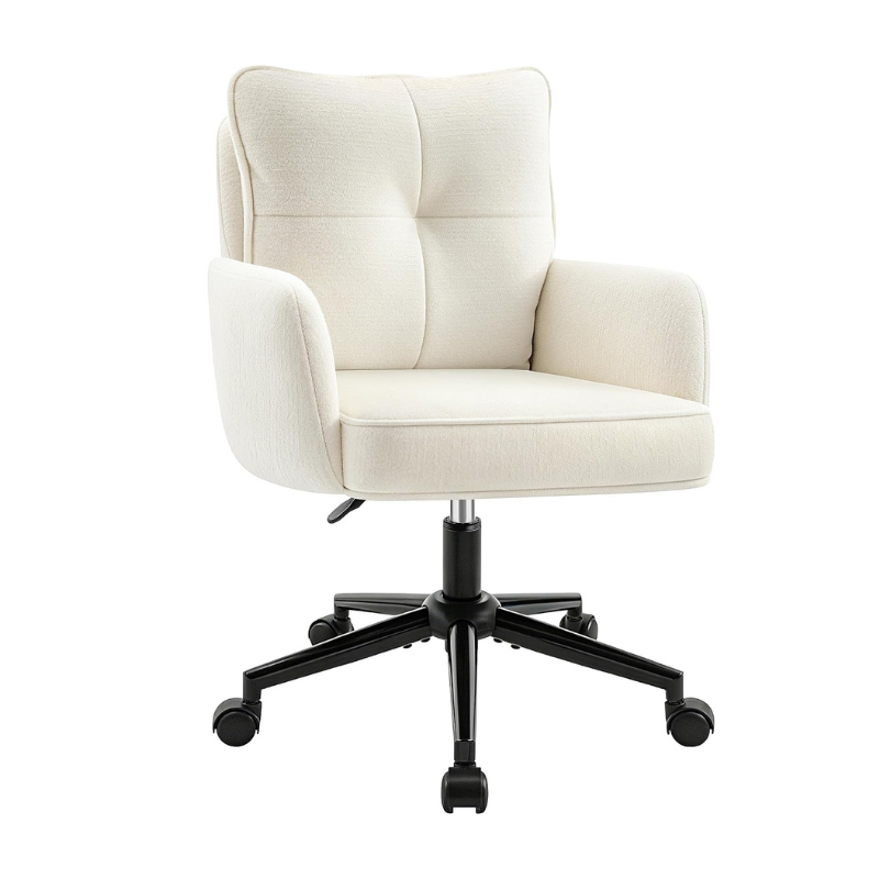 Vanity Chair with Wheels, Modern Height Adjustable Makeup Desk Chair with 360° Swivel & 28D High-Density Sponge Cushion, Upholstered Small Task Stool for Bedroom, Living Room & Home, White