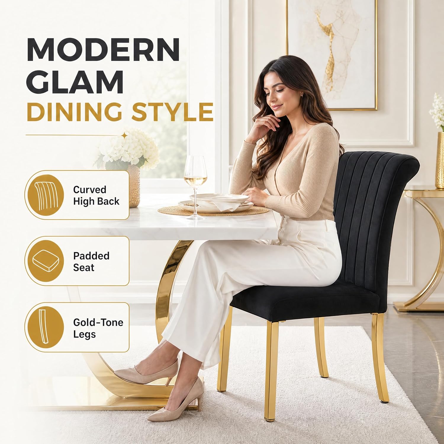 Stella Mia Dining Chairs Set of 2, Channel Tufted Upholstered Armless Side Chairs with Polished Gold Metal Legs