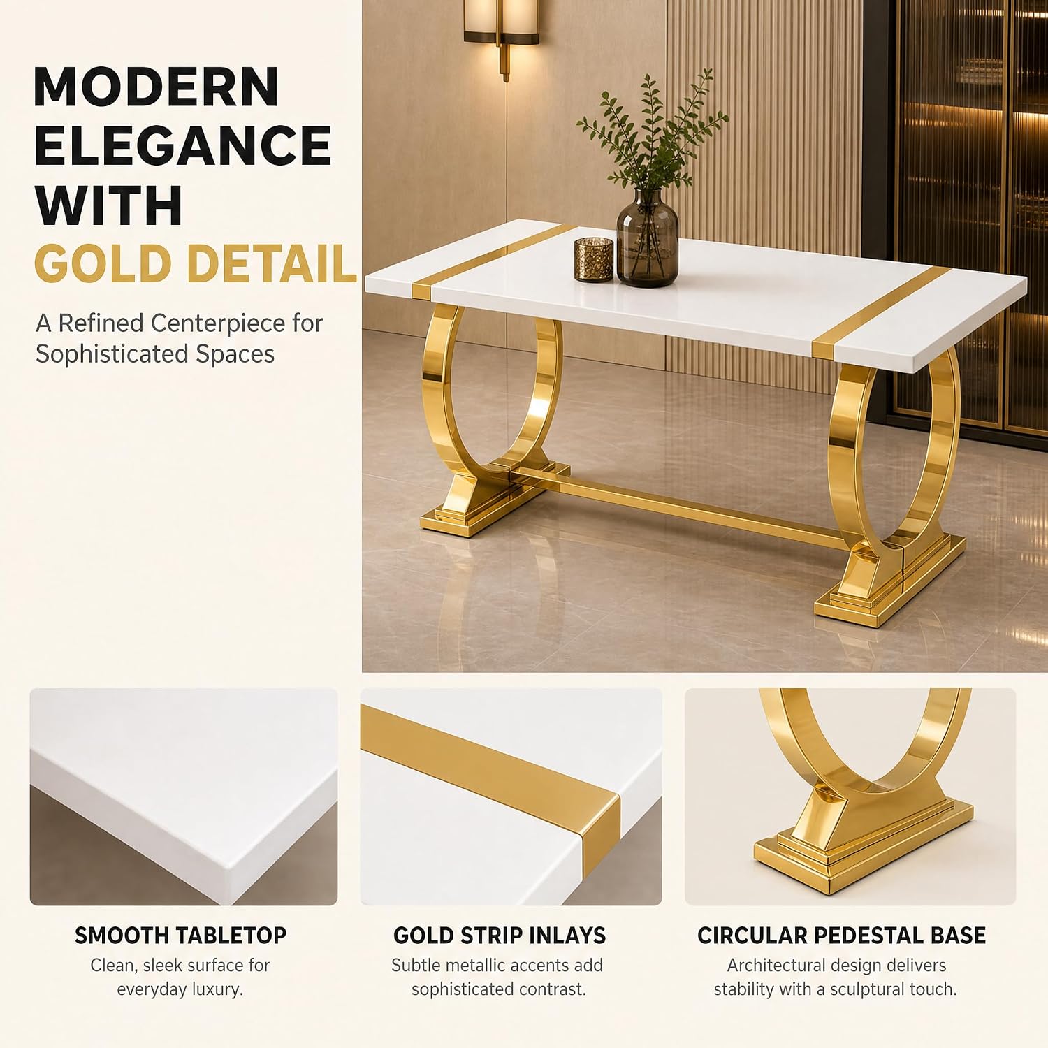 Stella Mia 60 Inch Modern Contemporary Rectangular Dining Table for 4–6, White Kitchen Table with Gold Polished Steel Base