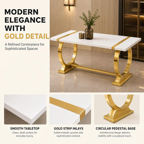 Stella Mia 60 Inch Modern Contemporary Rectangular Dining Table for 4–6, White Kitchen Table with Gold Polished Steel Base