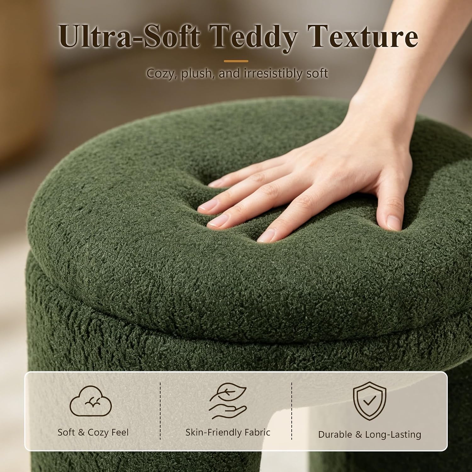 Stella Mia Round Ottoman Stool, Teddy-Like Upholstered Foot Stool with Arch Base