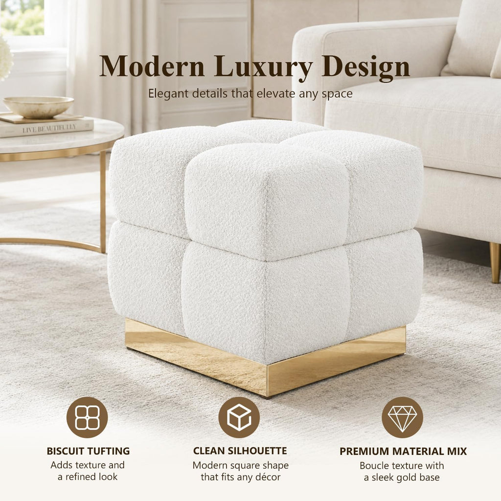 Stella Mia Boucle Storage Ottoman Stool, Modern Vanity Stool with Biscuit Tufting and Gold Stainless Steel Base