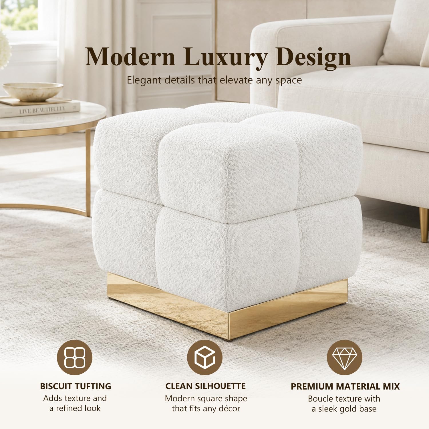 Stella Mia Boucle Storage Ottoman Stool, Modern Vanity Stool with Biscuit Tufting and Gold Stainless Steel Base