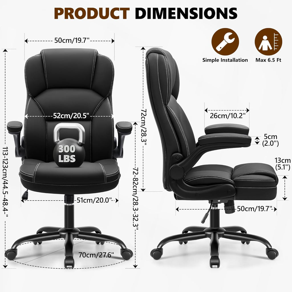 Stella Mia Ergonomic PU Leather Office Chair, High Back, Flip-Up Arms, Swivel Adjustable