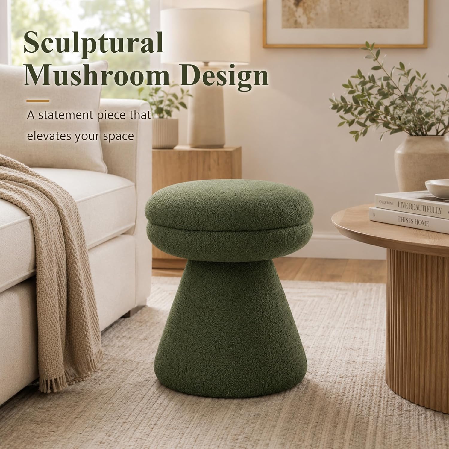 Stella Mia Mushroom Ottoman Stool, Teddy-Like Upholstered Small Ottoman with Pedestal Base