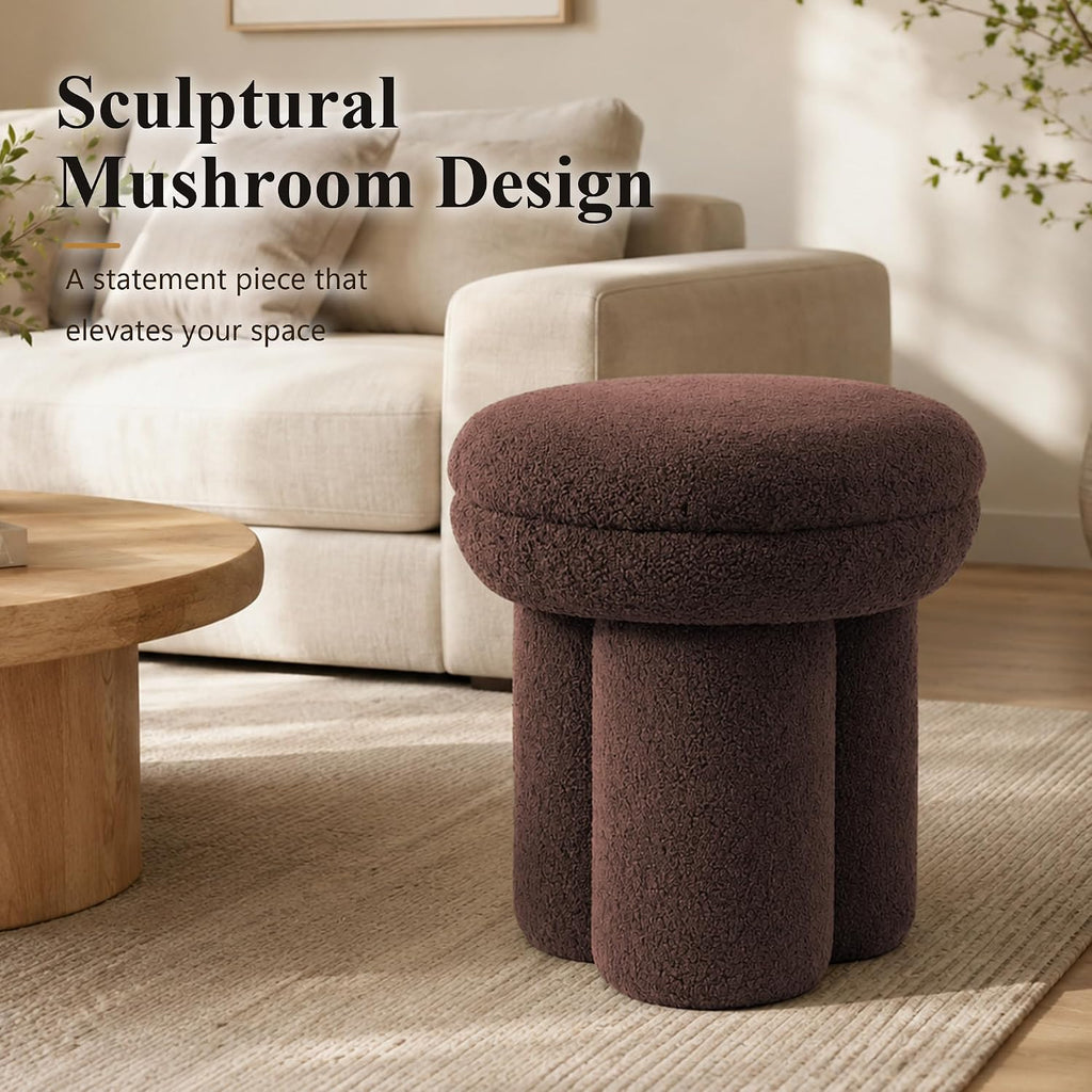 Stella Mia Mushroom Ottoman Stool, Teddy-Like Upholstered Accent Stool with Tri-Pillar Pedestal Base