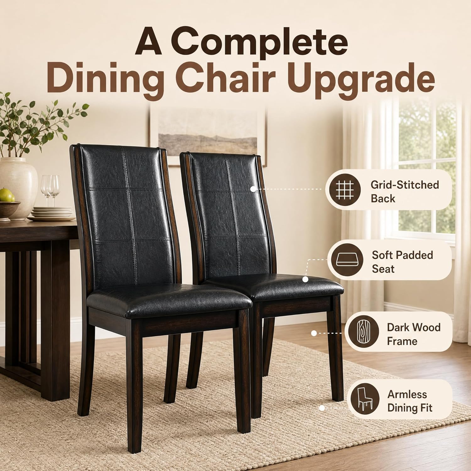 Stella Mia Standard Height Dining Chairs Set of 2, Traditional Armless Tall Dining Side Chairs with Dark Wood Legs for Regular Dining Table