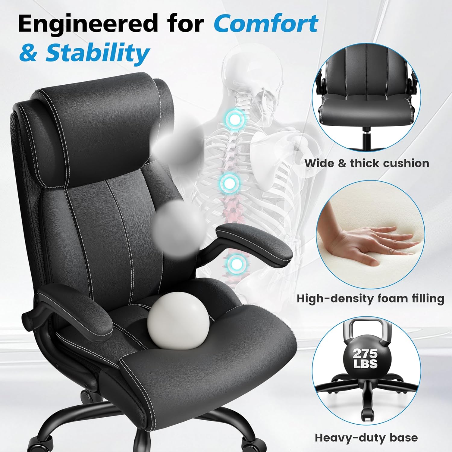 Stella Mia Ergonomic Office Chair – High Back Executive Leather Desk Chair with Inflatable Lumbar Support for Back Pain