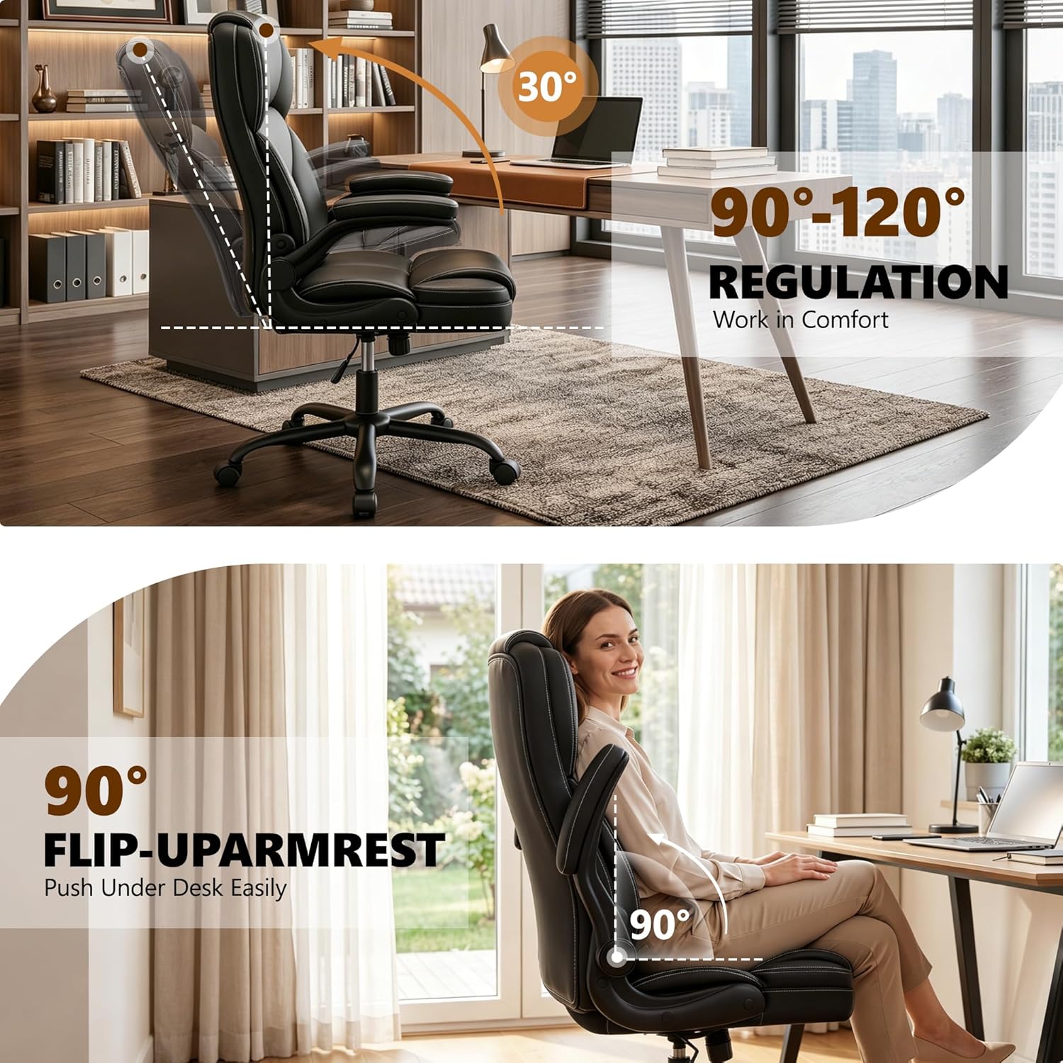 Stella Mia Ergonomic PU Leather Office Chair, High Back, Flip-Up Arms, Swivel Adjustable