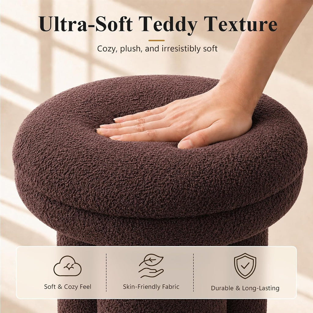 Stella Mia Mushroom Ottoman Stool, Teddy-Like Upholstered Accent Stool with Tri-Pillar Pedestal Base