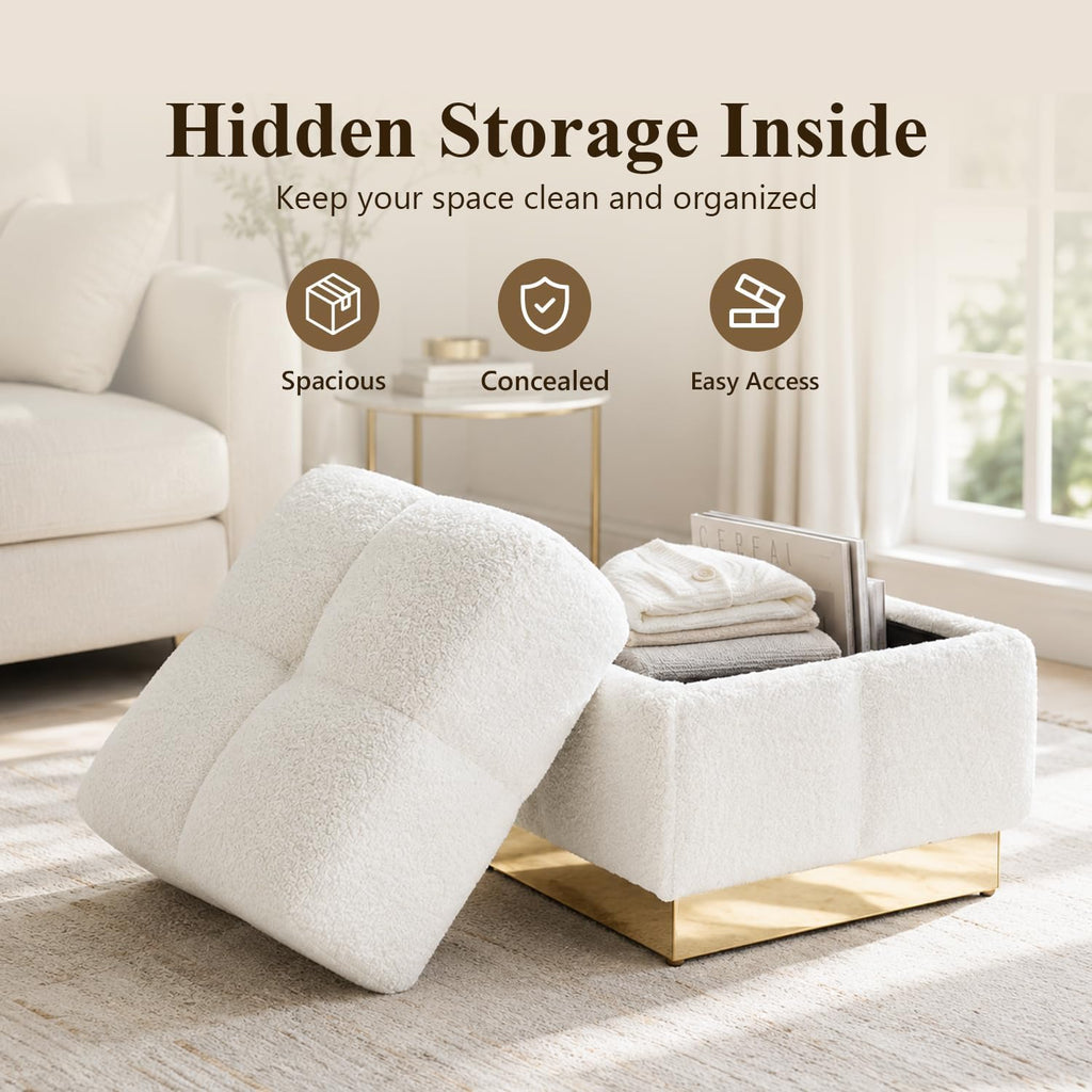 Stella Mia Boucle Storage Ottoman Stool, Modern Vanity Stool with Biscuit Tufting and Gold Stainless Steel Base