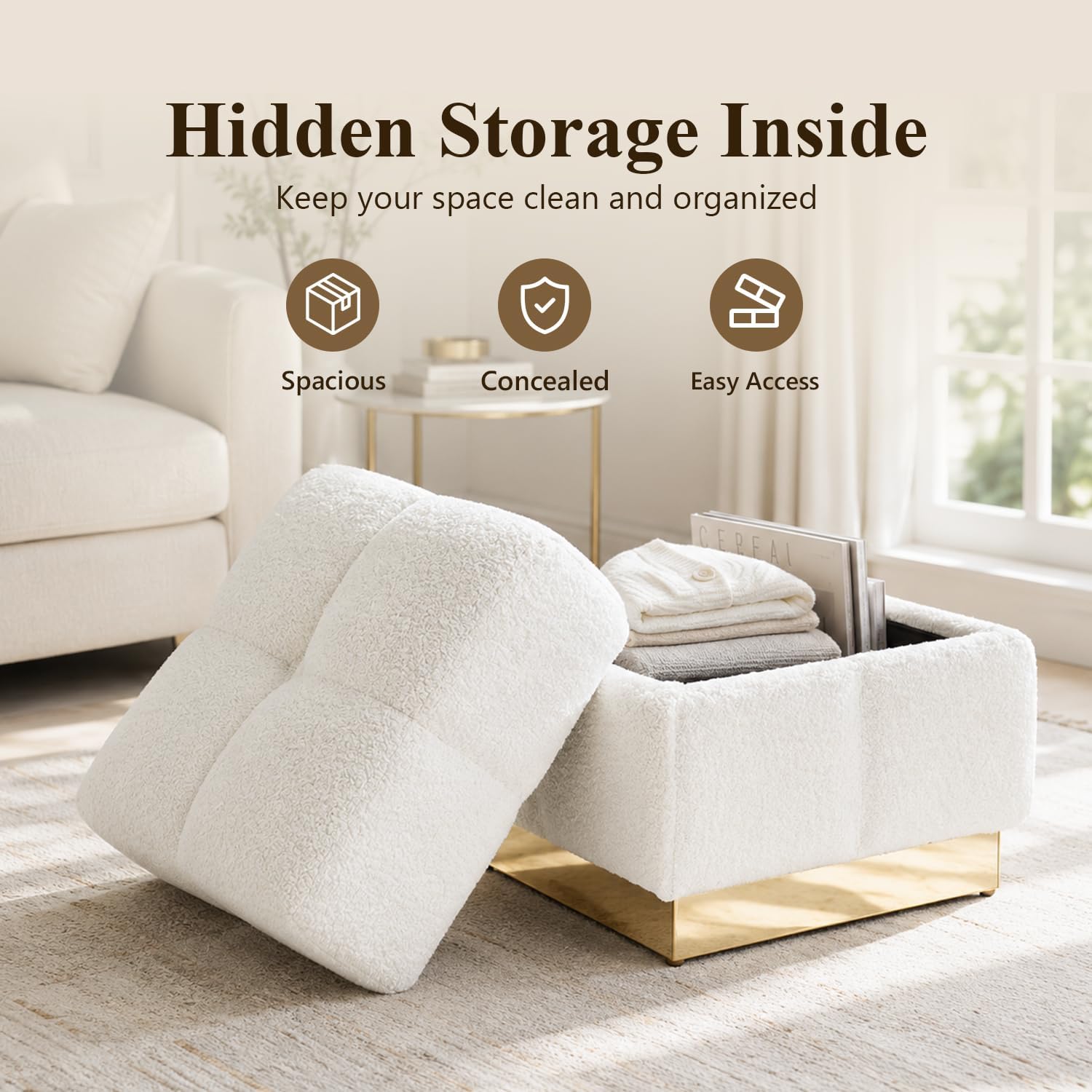 Stella Mia Boucle Storage Ottoman Stool, Modern Vanity Stool with Biscuit Tufting and Gold Stainless Steel Base