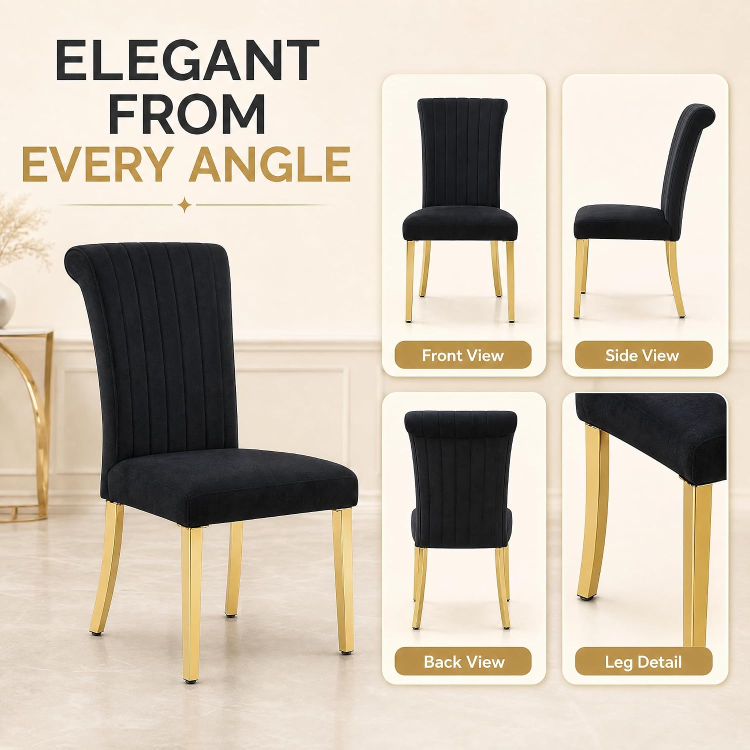Stella Mia Dining Chairs Set of 2, Channel Tufted Upholstered Armless Side Chairs with Polished Gold Metal Legs