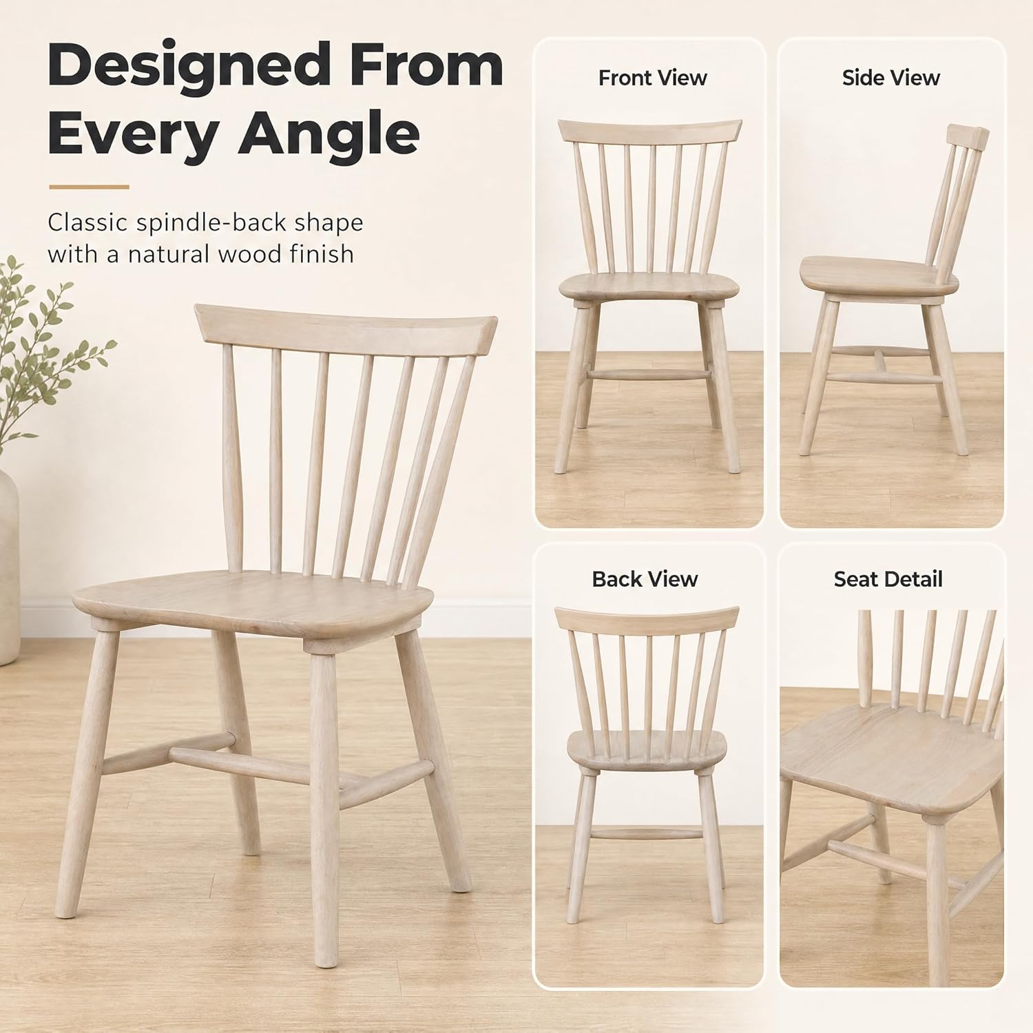 Stella Mia Dining Chairs Set of 2, 100% Solid Wood Spindle Back Kitchen Dining Room Chairs