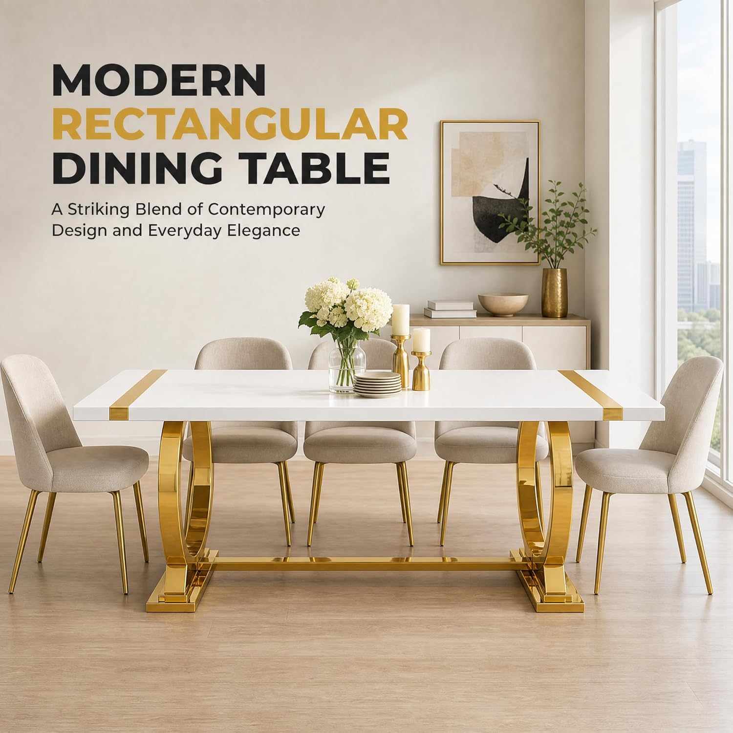 Stella Mia 60 Inch Modern Contemporary Rectangular Dining Table for 4–6, White Kitchen Table with Gold Polished Steel Base