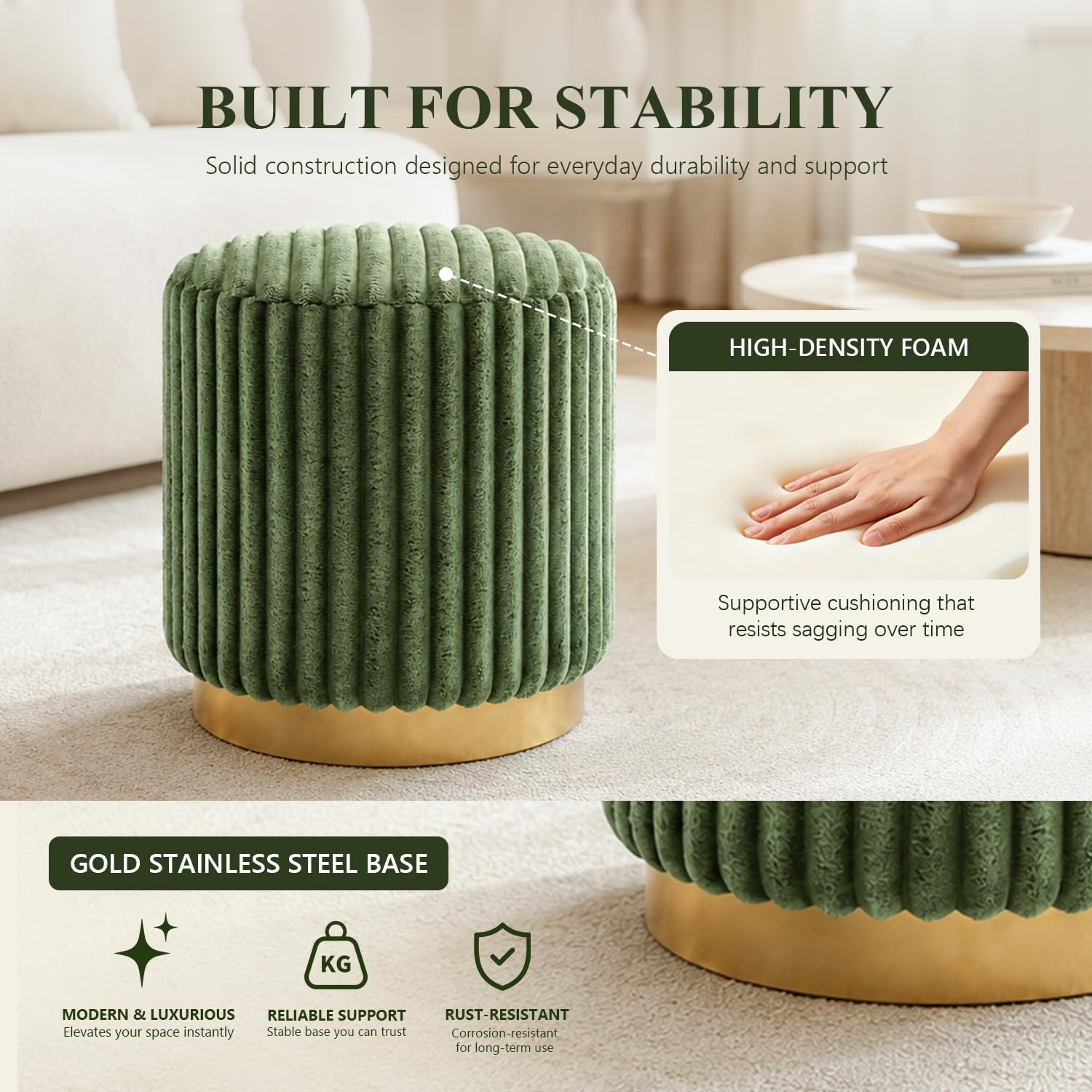 Stella Mia Round Ottoman Stool, Fur-Like Upholstered Small Ottoman Foot Rest with Gold Stainless Steel Plinth Base