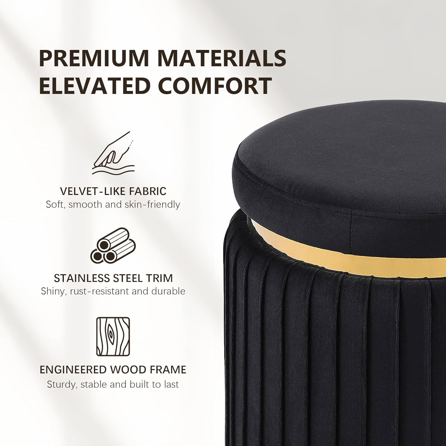 Stella Mia Round Ottoman, Velvet Upholstered Small Foot Stool with Gold Trim, Modern Ottoman Foot Rest with Stainless Steel Base