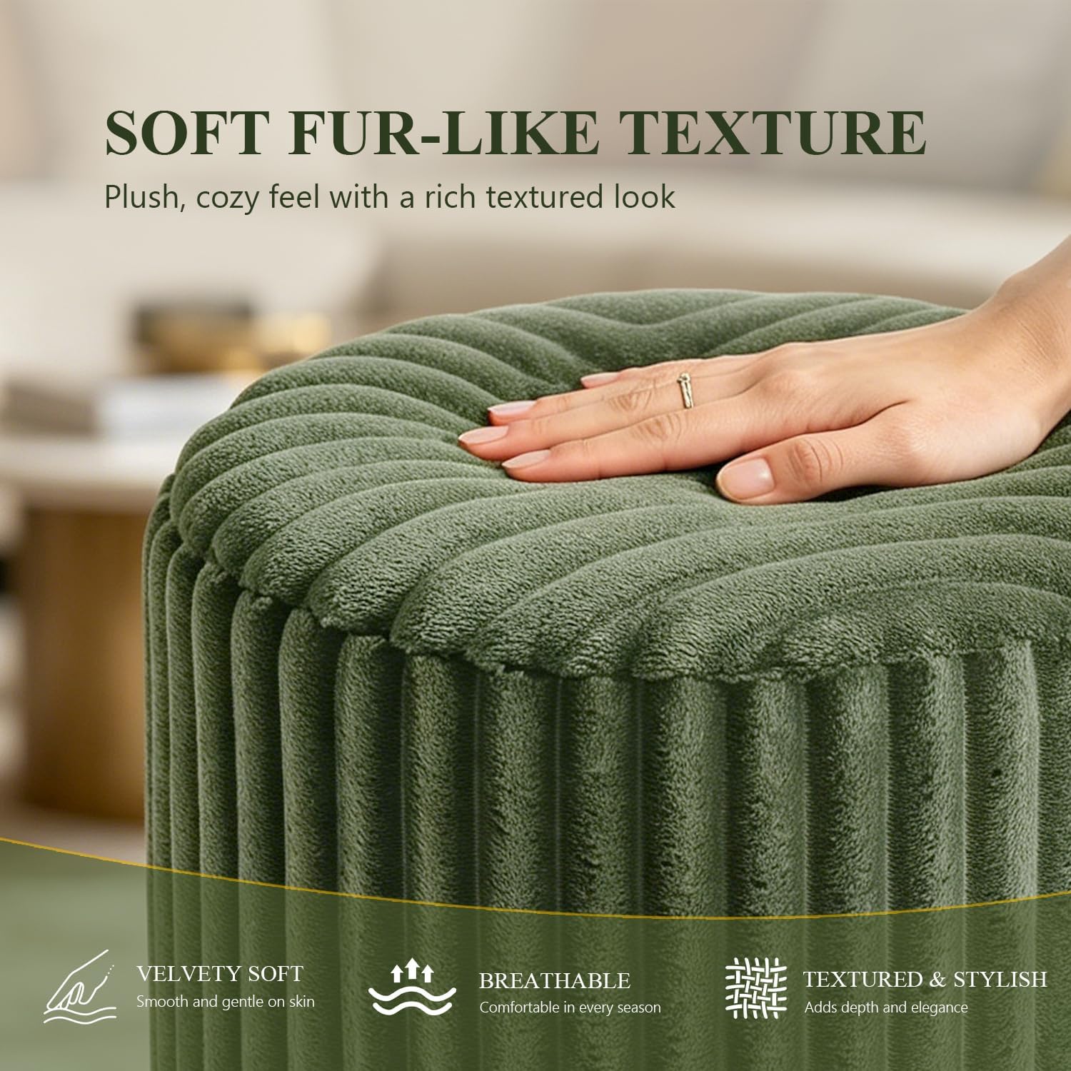 Stella Mia Round Ottoman Stool, Fur-Like Upholstered Small Ottoman Foot Rest with Gold Stainless Steel Plinth Base