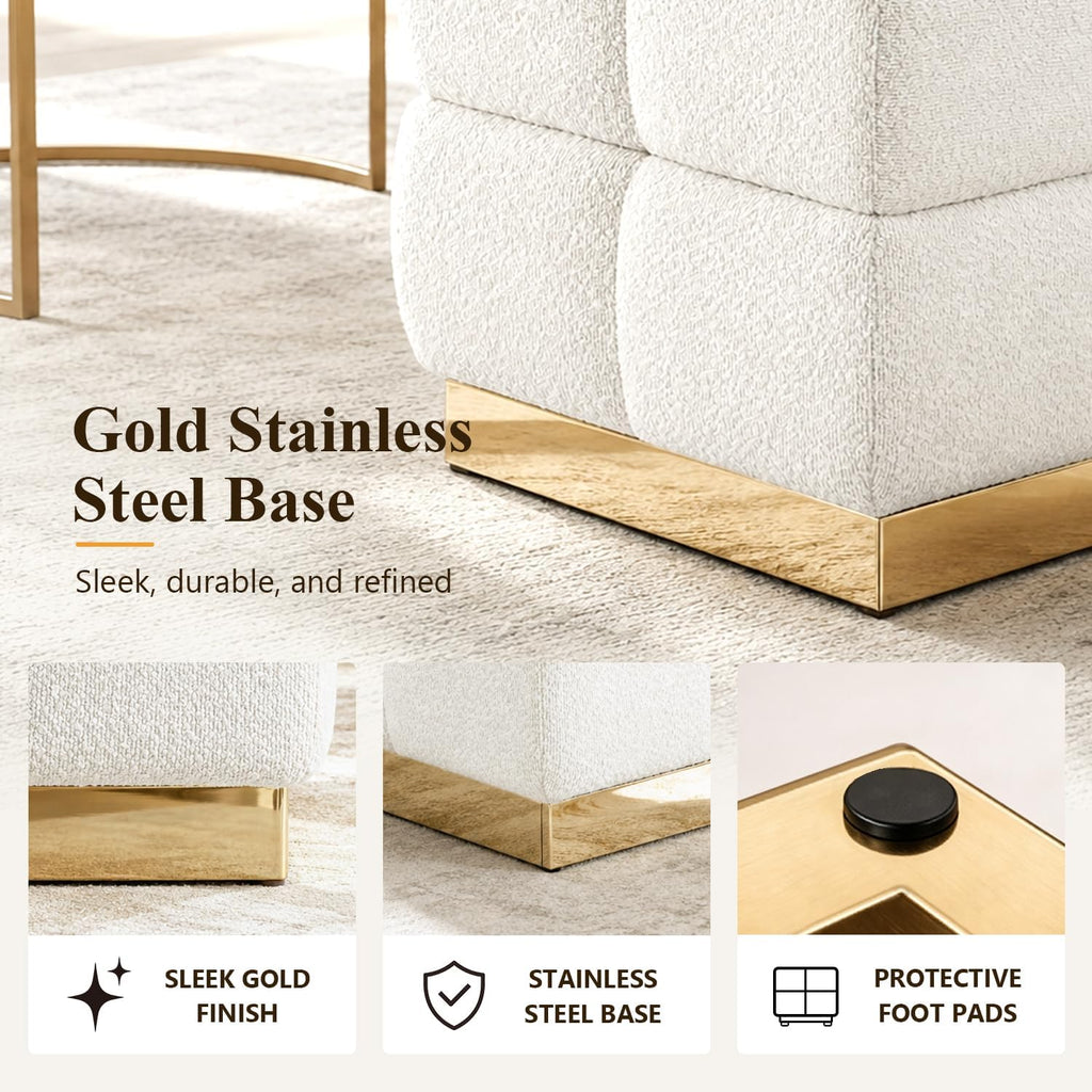 Stella Mia Boucle Storage Ottoman Stool, Modern Vanity Stool with Biscuit Tufting and Gold Stainless Steel Base
